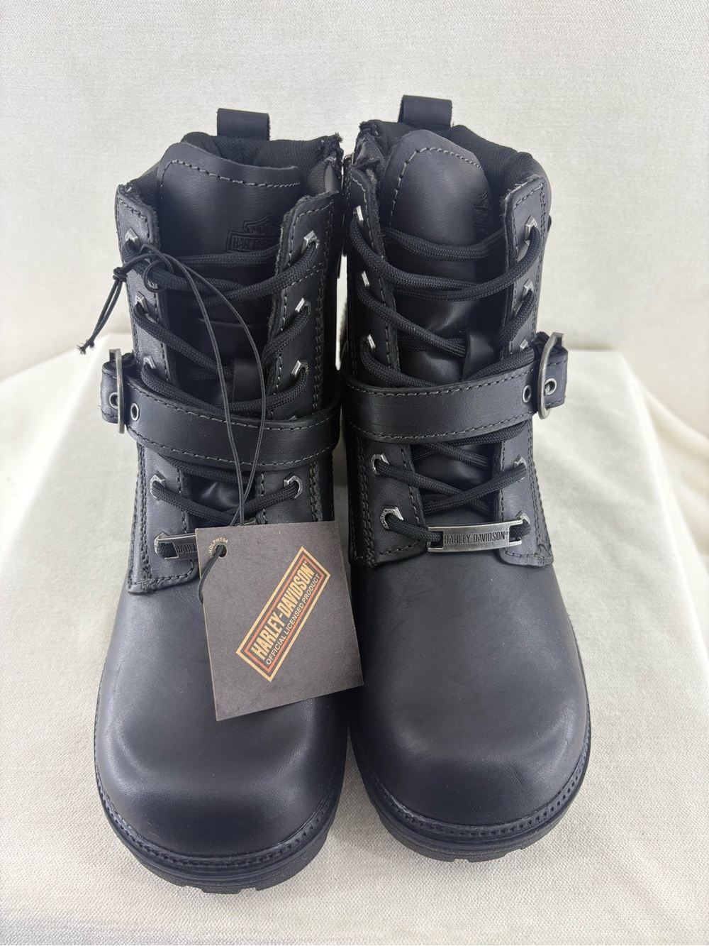 Harley-Davidson Black Lace-Up Leather Buckle Boots - Picture 2 of 9